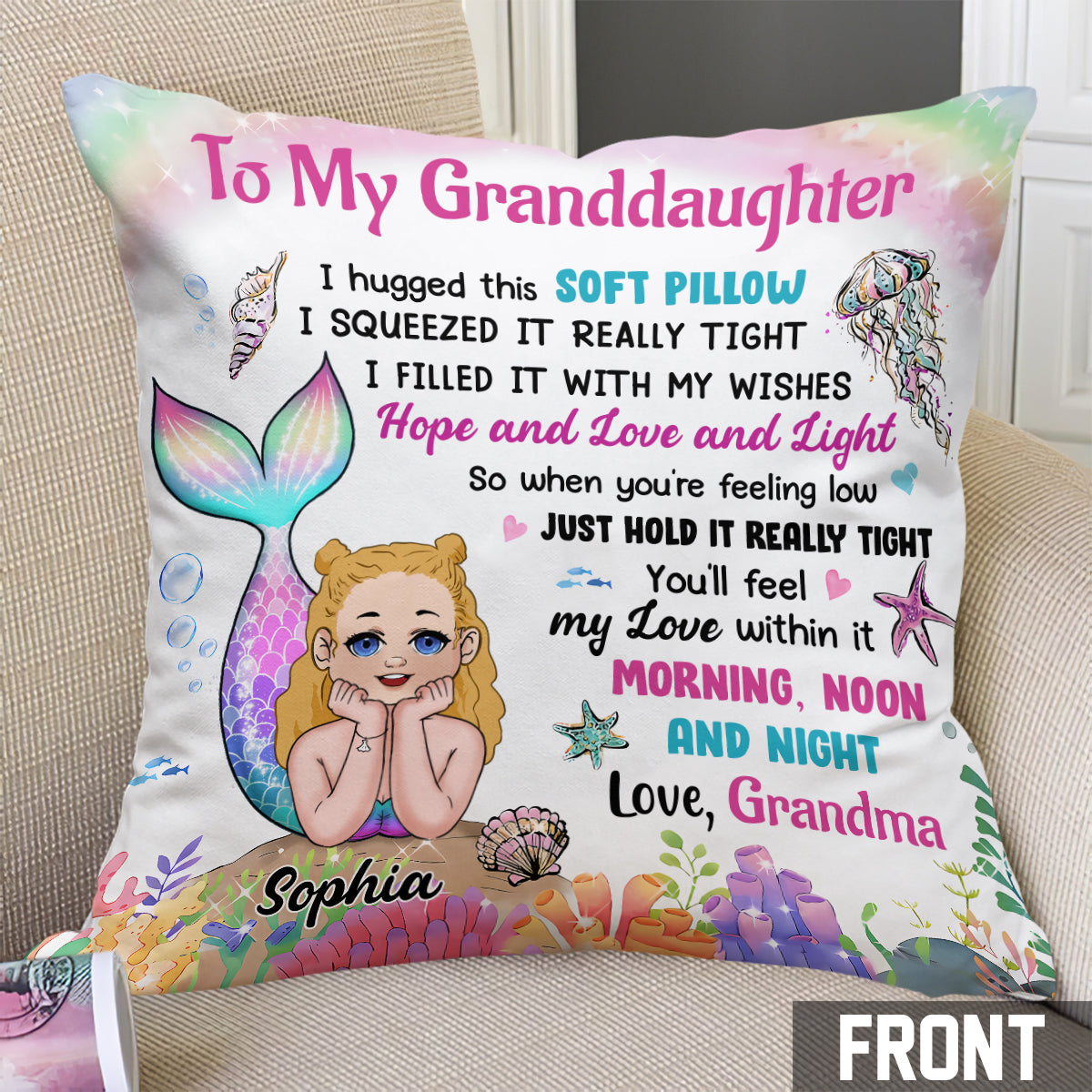 Coussin décoratif personnalisé « Sirène » pour petite-fille - Coussin décoratif personnalisé pour petite-fille