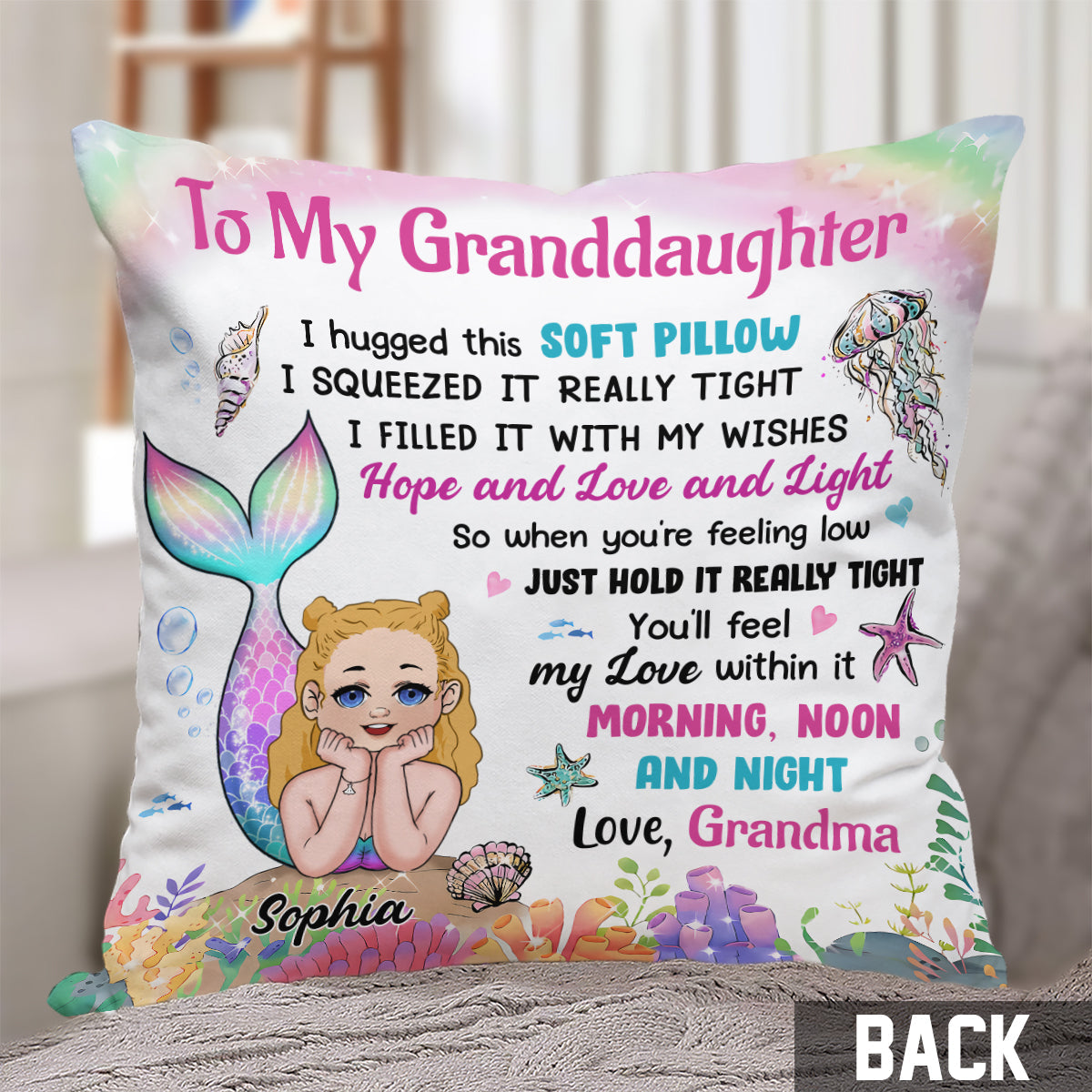 Coussin décoratif personnalisé « Sirène » pour petite-fille - Coussin décoratif personnalisé pour petite-fille