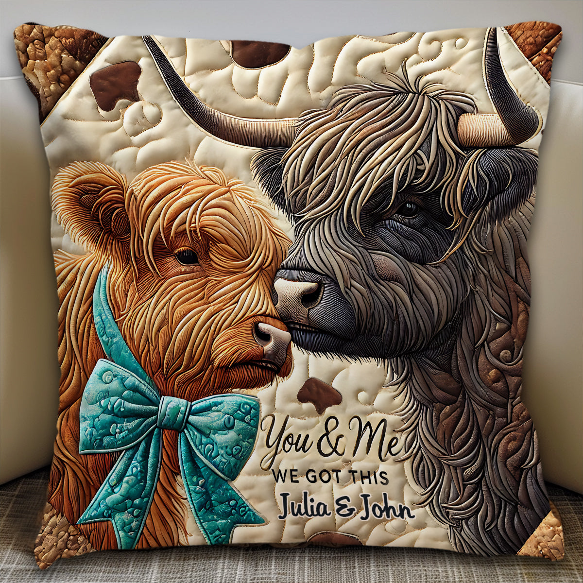 Toi et moi, on gère ! - Coussin décoratif personnalisé vache des Highlands