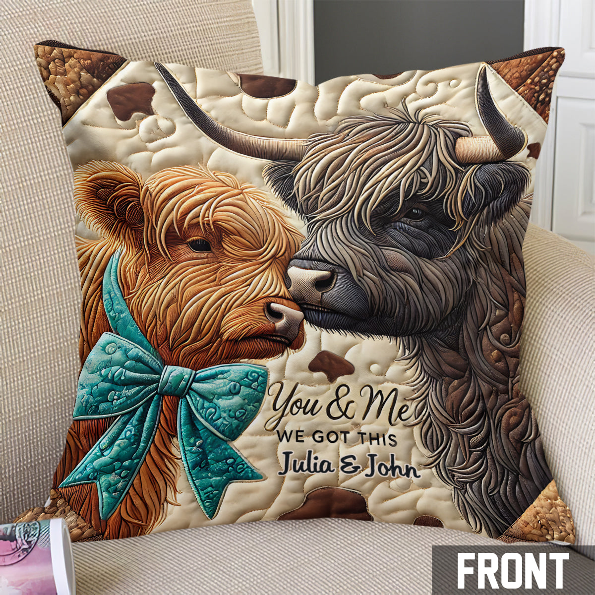 Toi et moi, on gère ! - Coussin décoratif personnalisé vache des Highlands