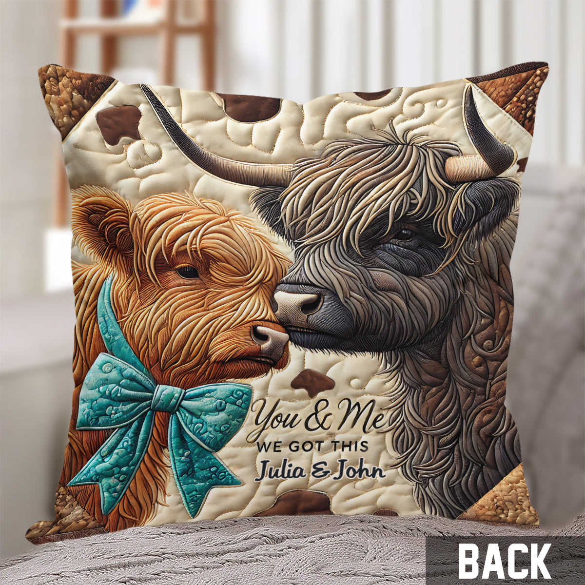 Toi et moi, on gère ! - Coussin décoratif personnalisé vache des Highlands