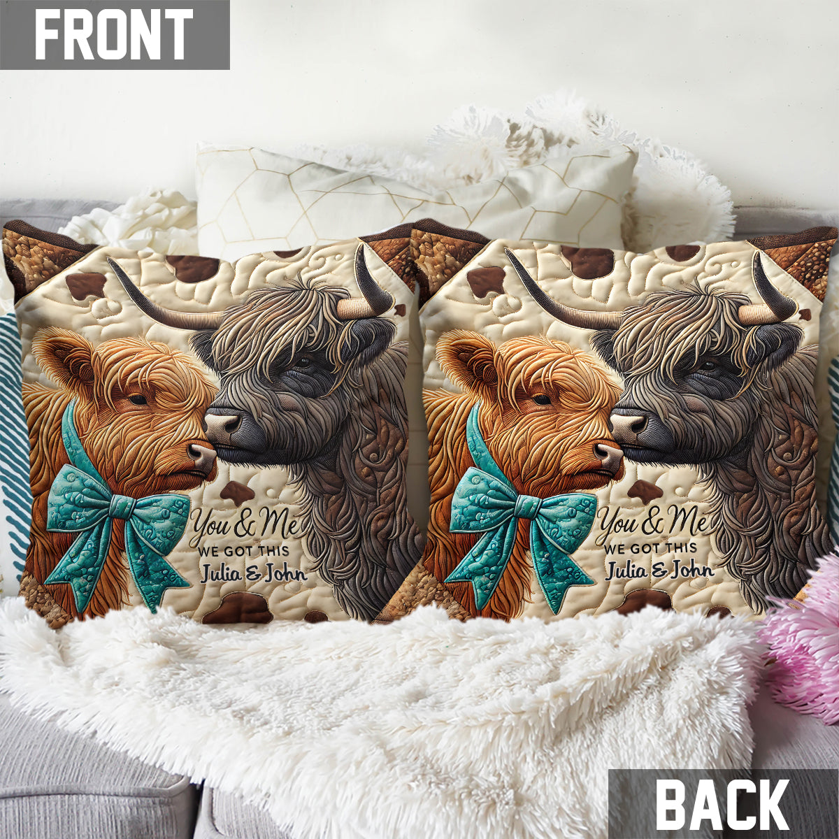 Toi et moi, on gère ! - Coussin décoratif personnalisé vache des Highlands