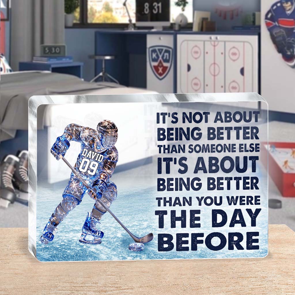 Es geht darum, besser zu sein – personalisierte Acrylplakette in Hockeyform