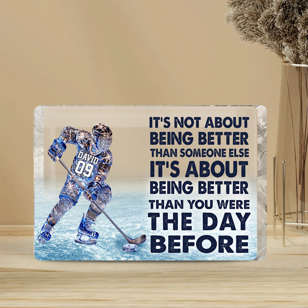 Es geht darum, besser zu sein – personalisierte Acrylplakette in Hockeyform