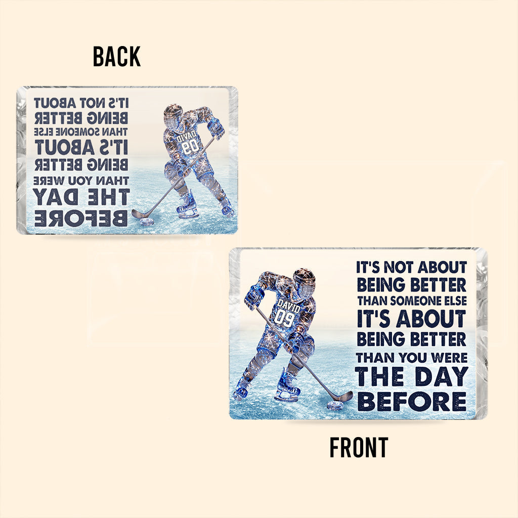 Es geht darum, besser zu sein – personalisierte Acrylplakette in Hockeyform