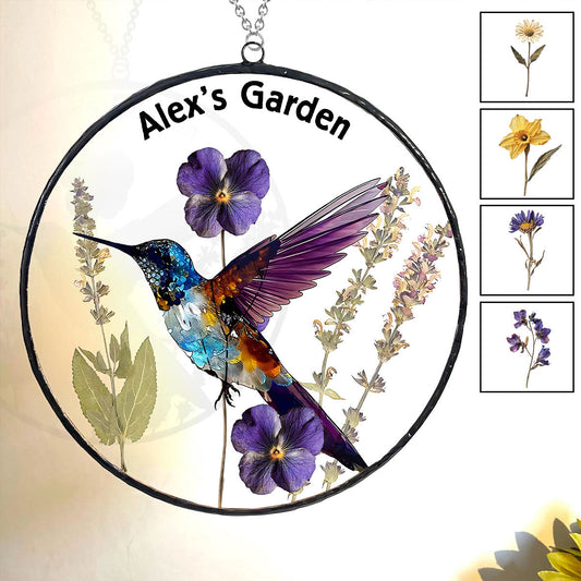 Dry Birth Flowers, Stunning Glass Humming Birth - Personalized Gardening Window Hanging Suncatcher Ornament