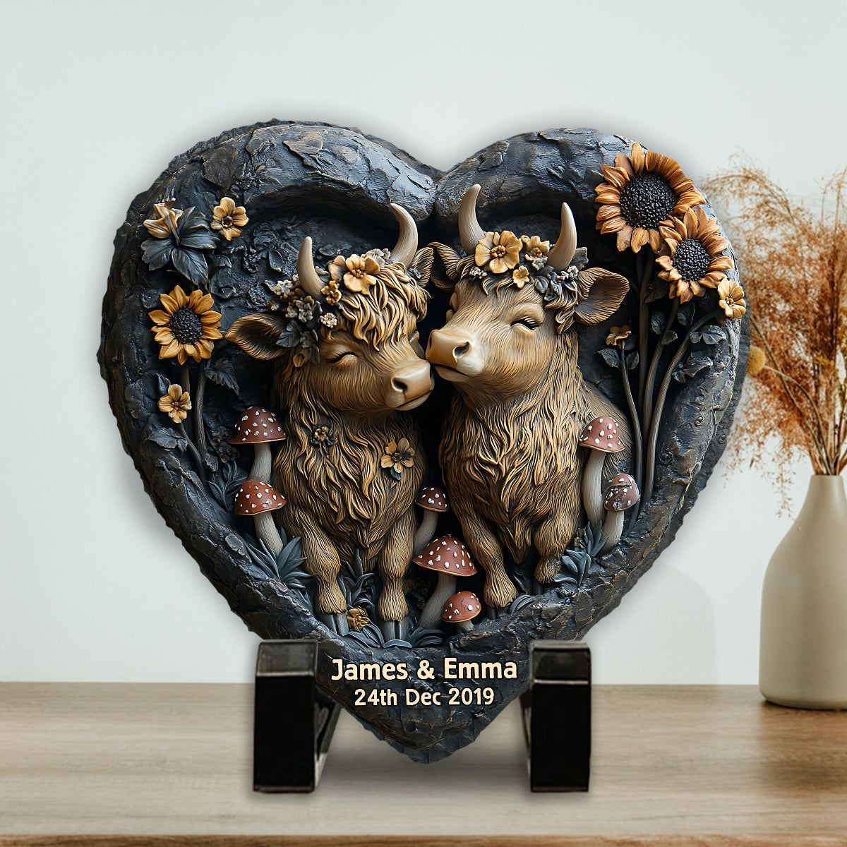 Couple heureux style champêtre - Pierre personnalisée en forme de cœur
