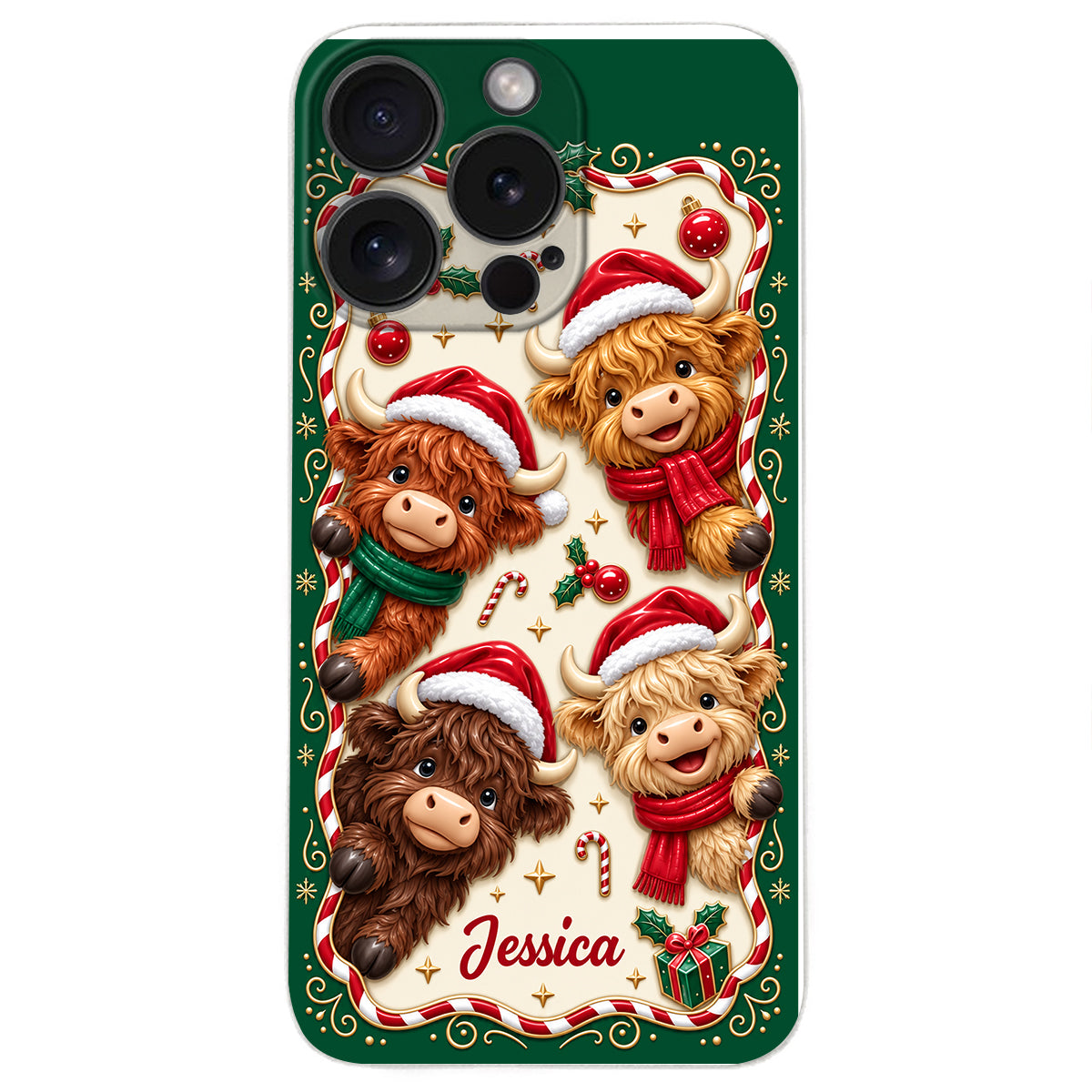 Merry Christmas Cute Highland Cows - Personalized Highland Cow 3D Embossed Leather Phone Case