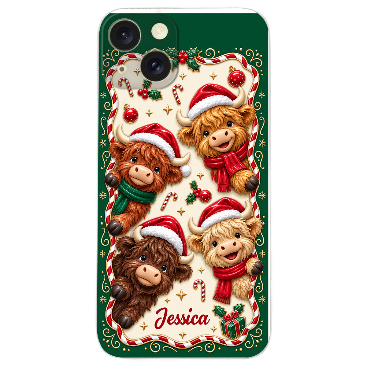 Merry Christmas Cute Highland Cows - Personalized Highland Cow 3D Embossed Leather Phone Case