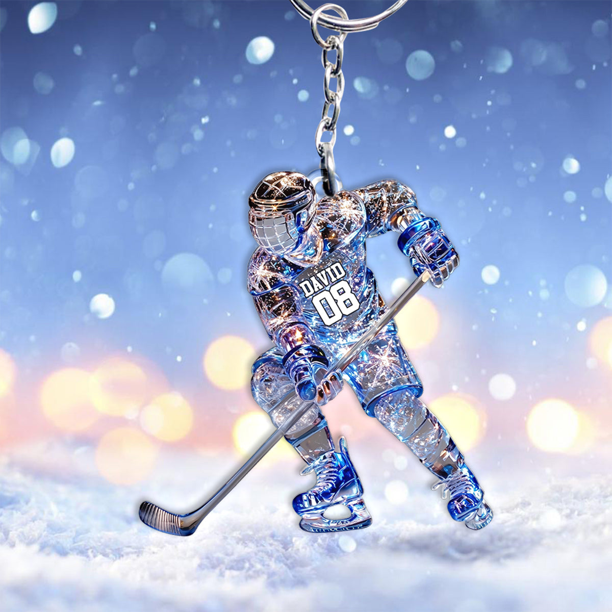 Porte-clés hockey personnalisé « Joueur de hockey sur glace étincelant »