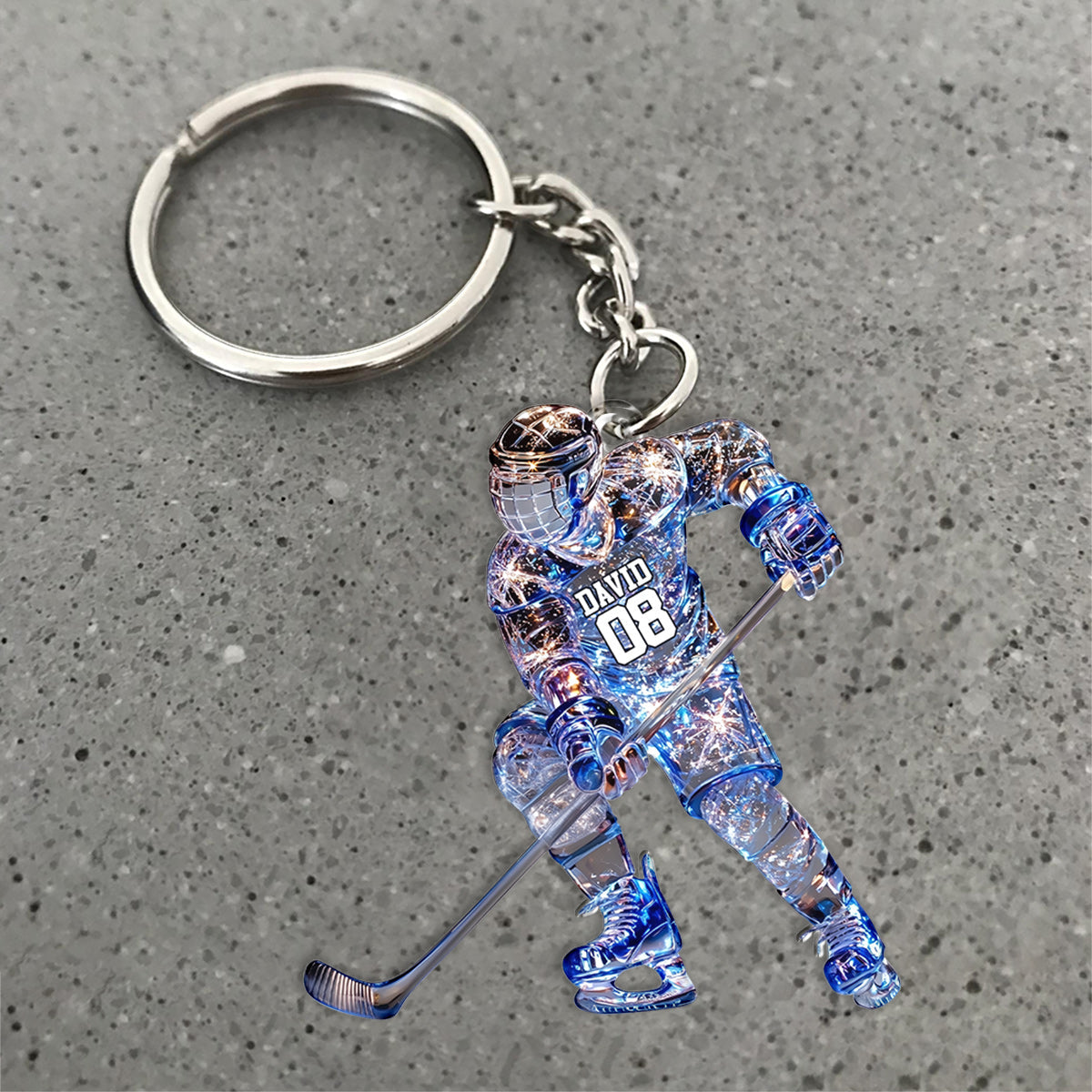 Porte-clés hockey personnalisé « Joueur de hockey sur glace étincelant »
