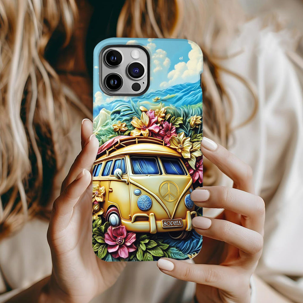 Handyhülle mit Blumenmuster und Friedenssymbol – Personalisierte Hippie-Handyhülle mit Volldruck