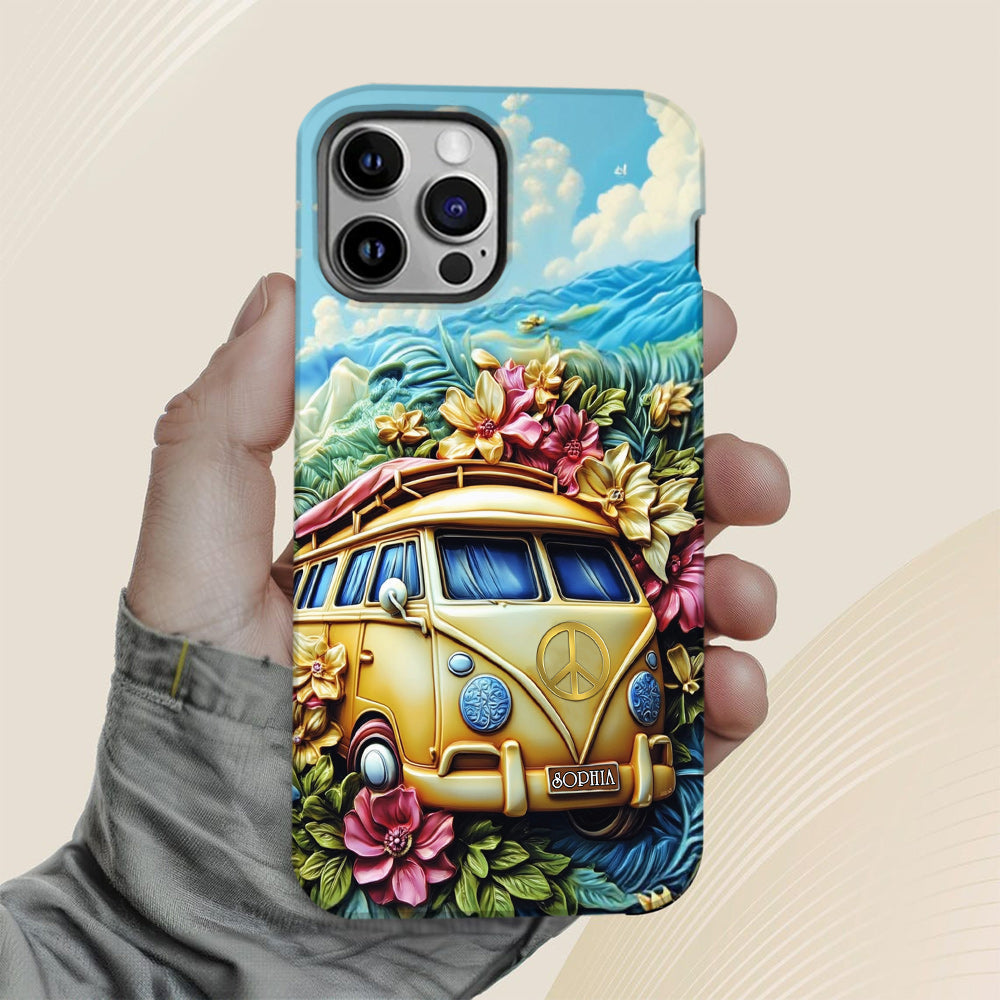 Handyhülle mit Blumenmuster und Friedenssymbol – Personalisierte Hippie-Handyhülle mit Volldruck