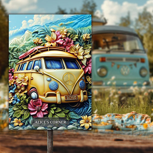 Floral Van Peace Sign - Personalized Hippie Rectangle Metal Sign