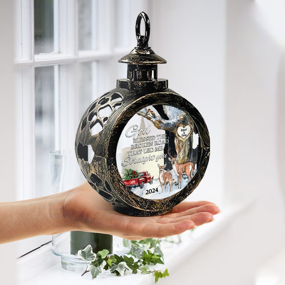 God Blessed The Broken Road - Personalized Couple Round Lantern With Light