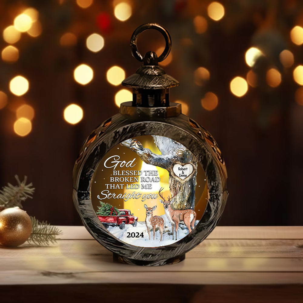 God Blessed The Broken Road - Personalized Couple Round Lantern With Light