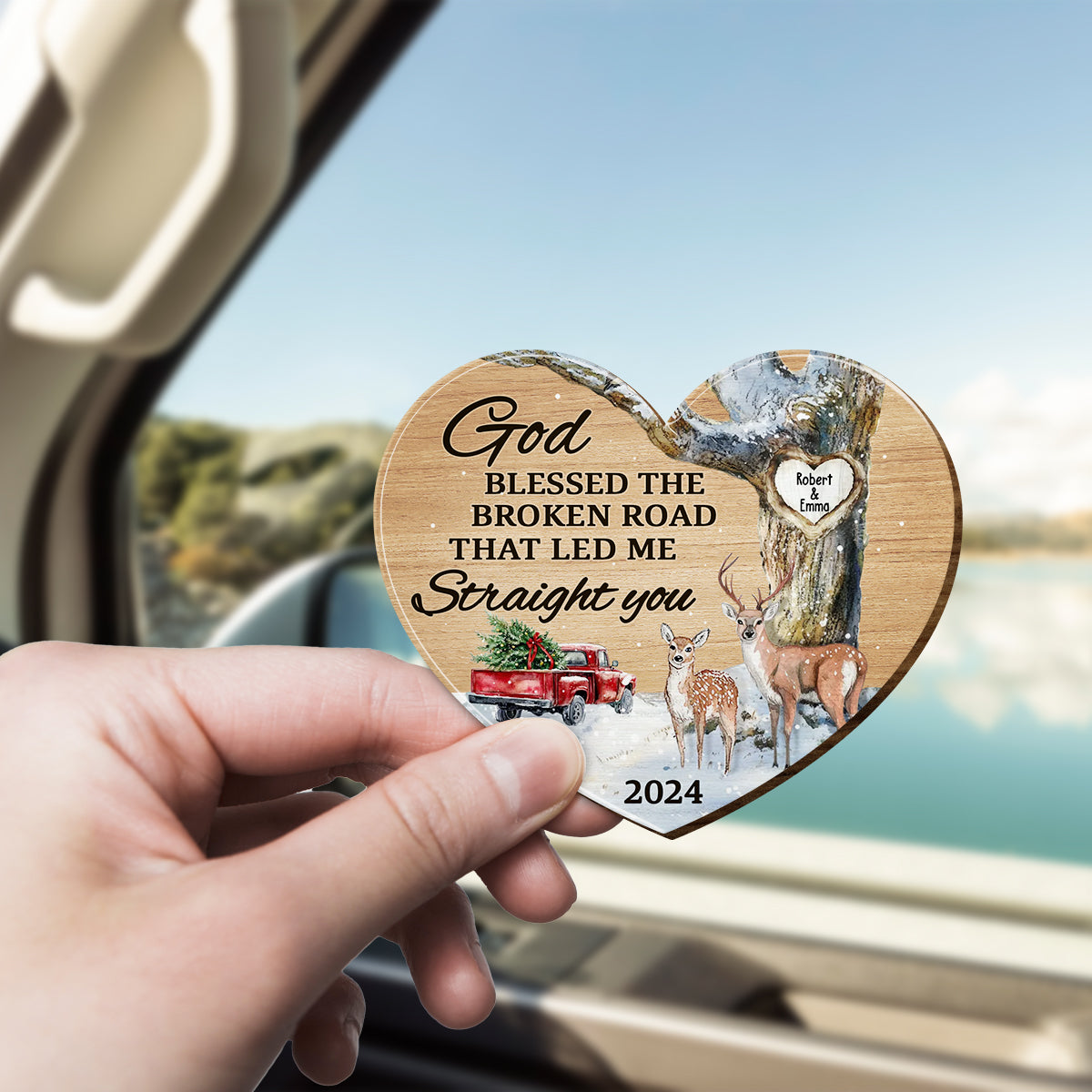 God Blessed The Broken Road That Leds Me To You - Personalized Couple Shaped Car Visor Clip