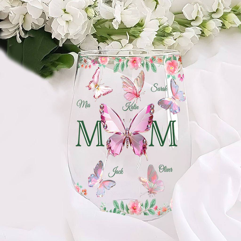 Mom And Children Butterflies - Personalized Mother All Over Wine Glass
