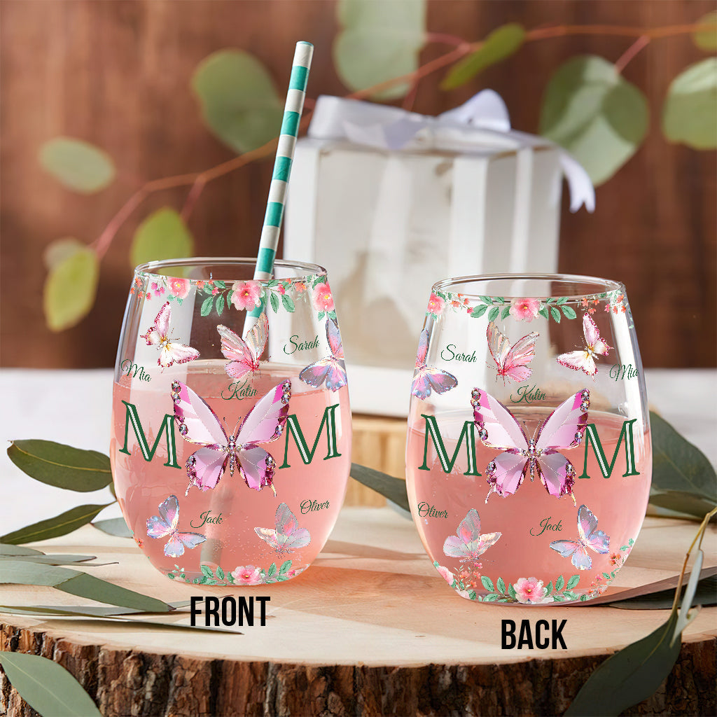Mom And Children Butterflies - Personalized Mother All Over Wine Glass