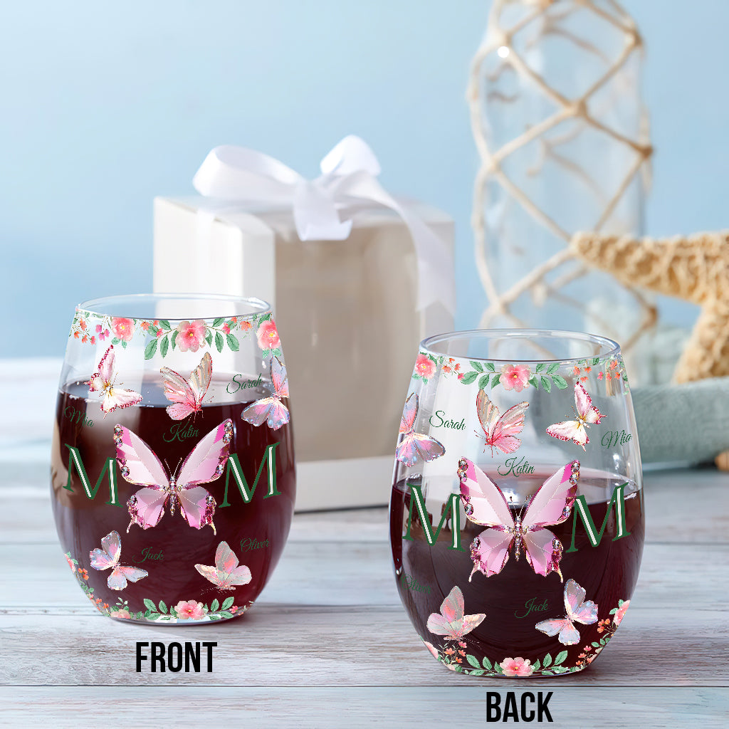 Mom And Children Butterflies - Personalized Mother All Over Wine Glass