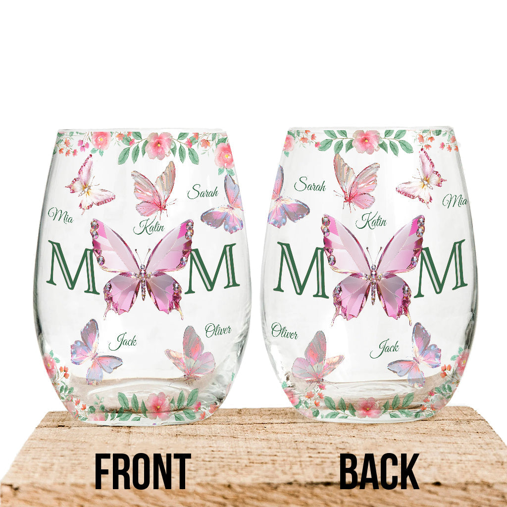 Mom And Children Butterflies - Personalized Mother All Over Wine Glass