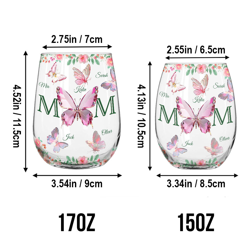 Mom And Children Butterflies - Personalized Mother All Over Wine Glass