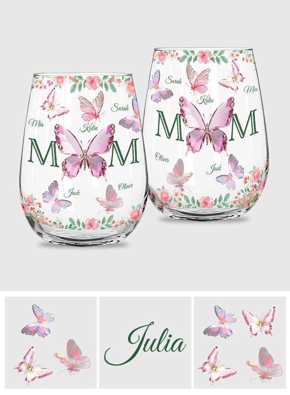 Mom And Children Butterflies - Personalized Mother All Over Wine Glass