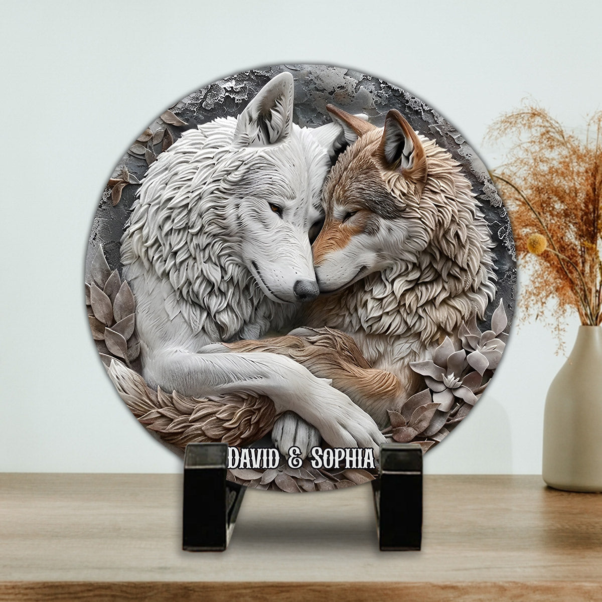 Wolfspaar – Personalisierter runder Wolfsstein