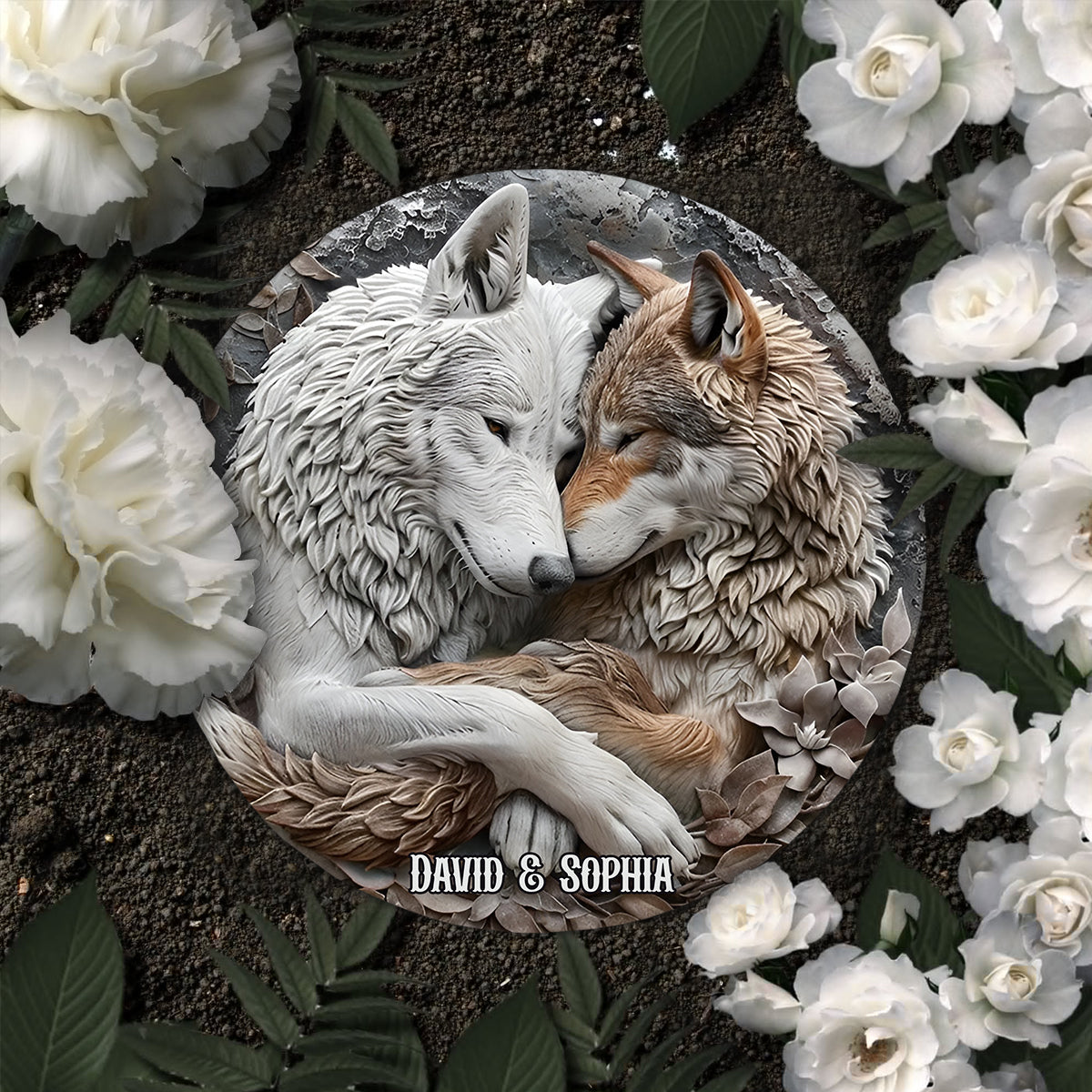 Wolfspaar – Personalisierter runder Wolfsstein
