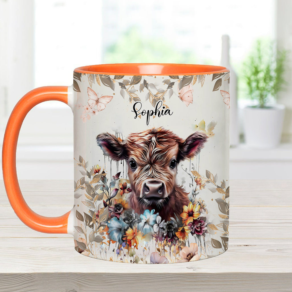 Personalisierte Tasse mit Blumenmotiv und Kuhmotiv
