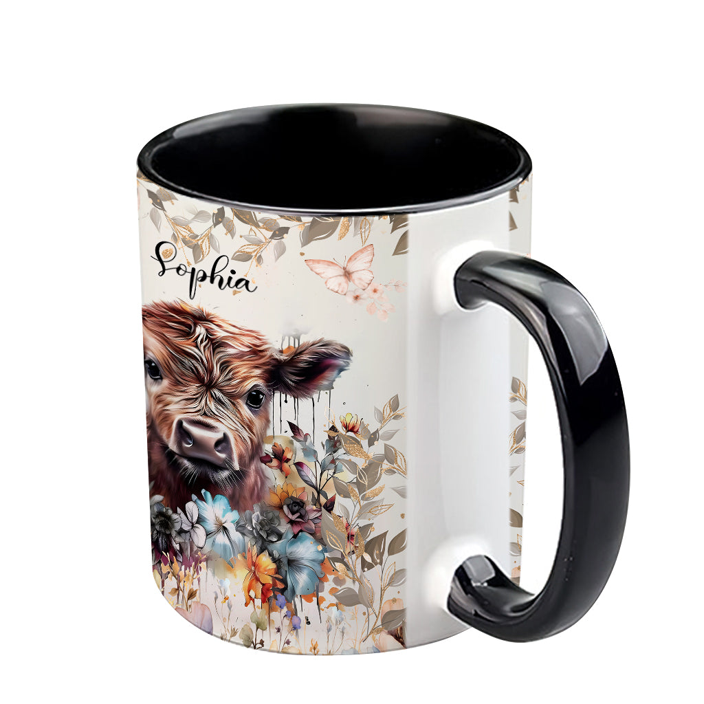Personalisierte Tasse mit Blumenmotiv und Kuhmotiv