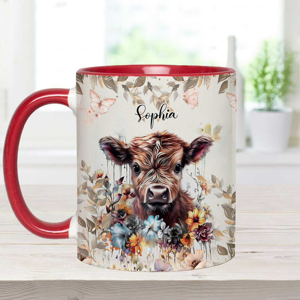 Personalisierte Tasse mit Blumenmotiv und Kuhmotiv