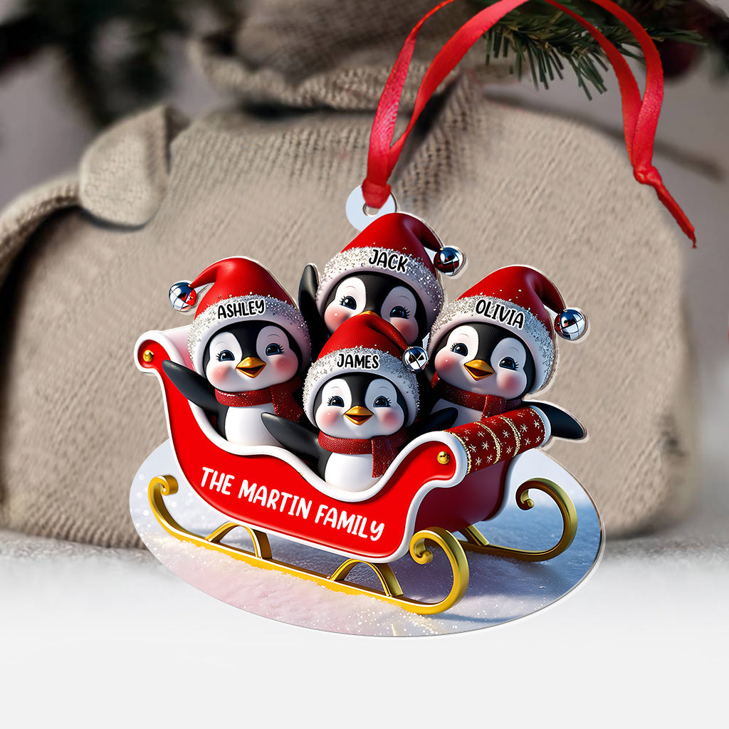 Famille de pingouins en traîneau - Ornement transparent personnalisé pour la famille