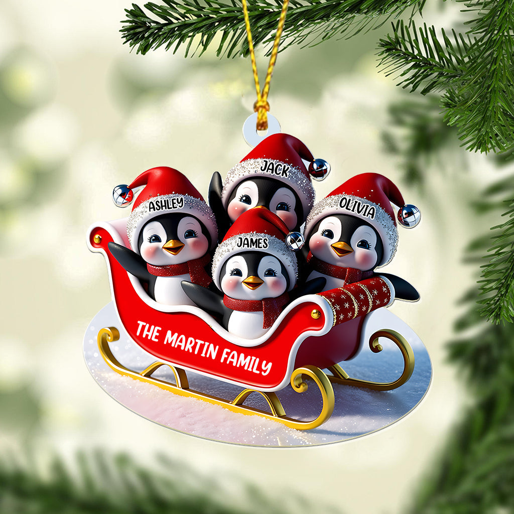 Famille de pingouins en traîneau - Ornement transparent personnalisé pour la famille