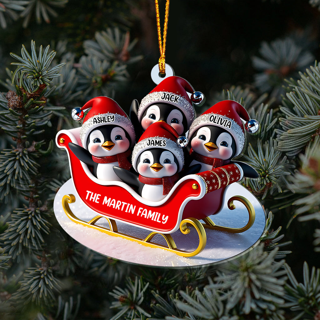 Famille de pingouins en traîneau - Ornement transparent personnalisé pour la famille