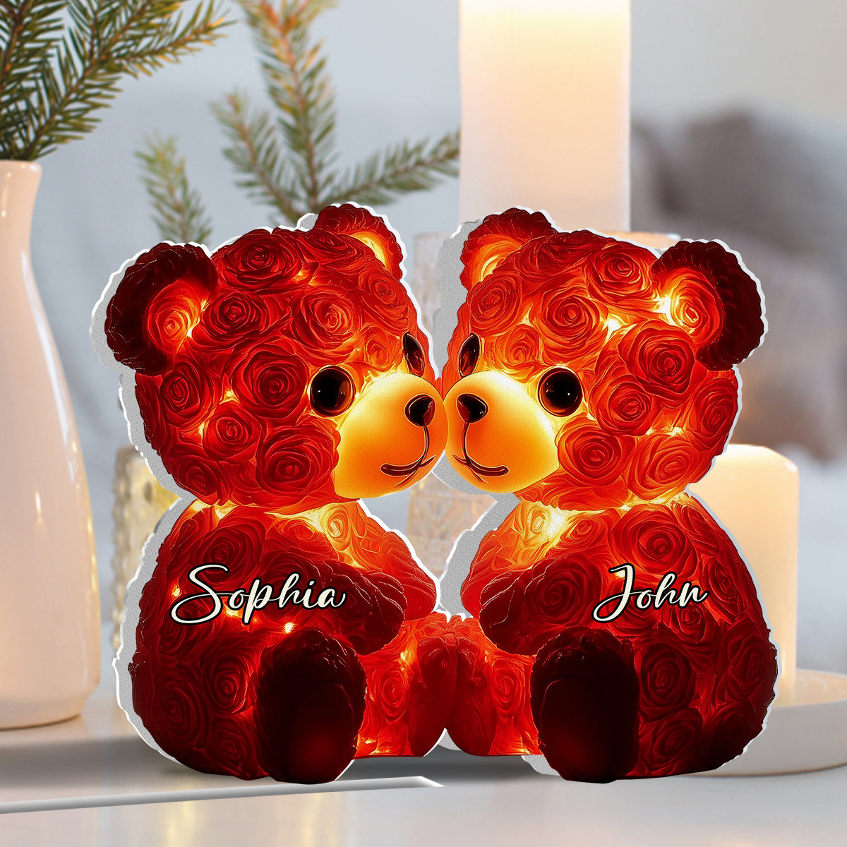 Cute Red Roses Bear Couple - Personalized Couple Shaped Light Box