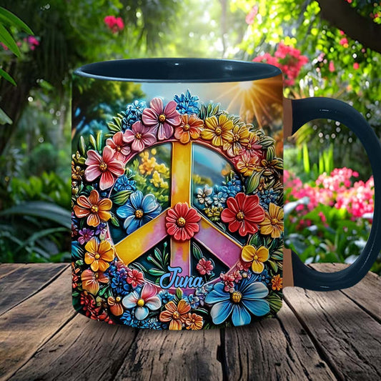 Mug personnalisé à motif floral et symbole de paix - Mug hippie