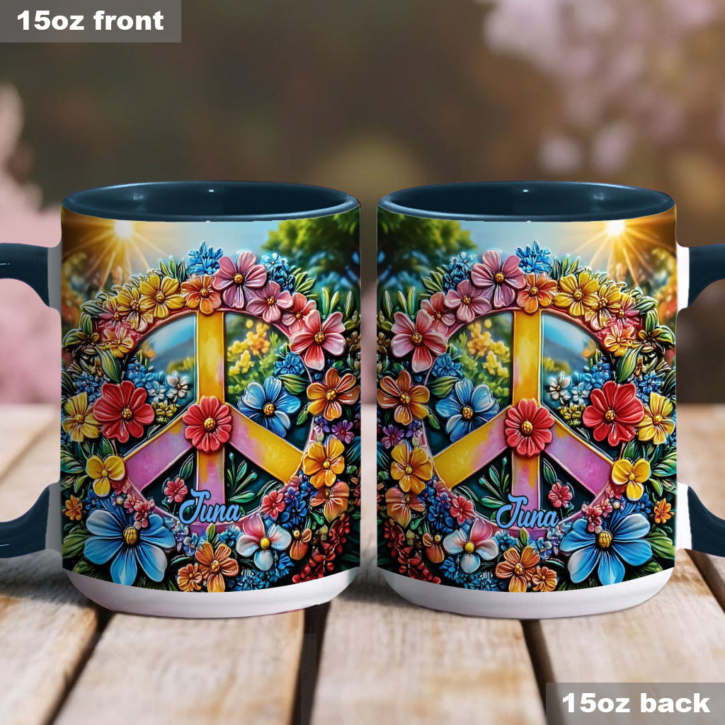 Personalisierte Tasse mit Blumen-Friedenszeichen und Hippie-Akzent