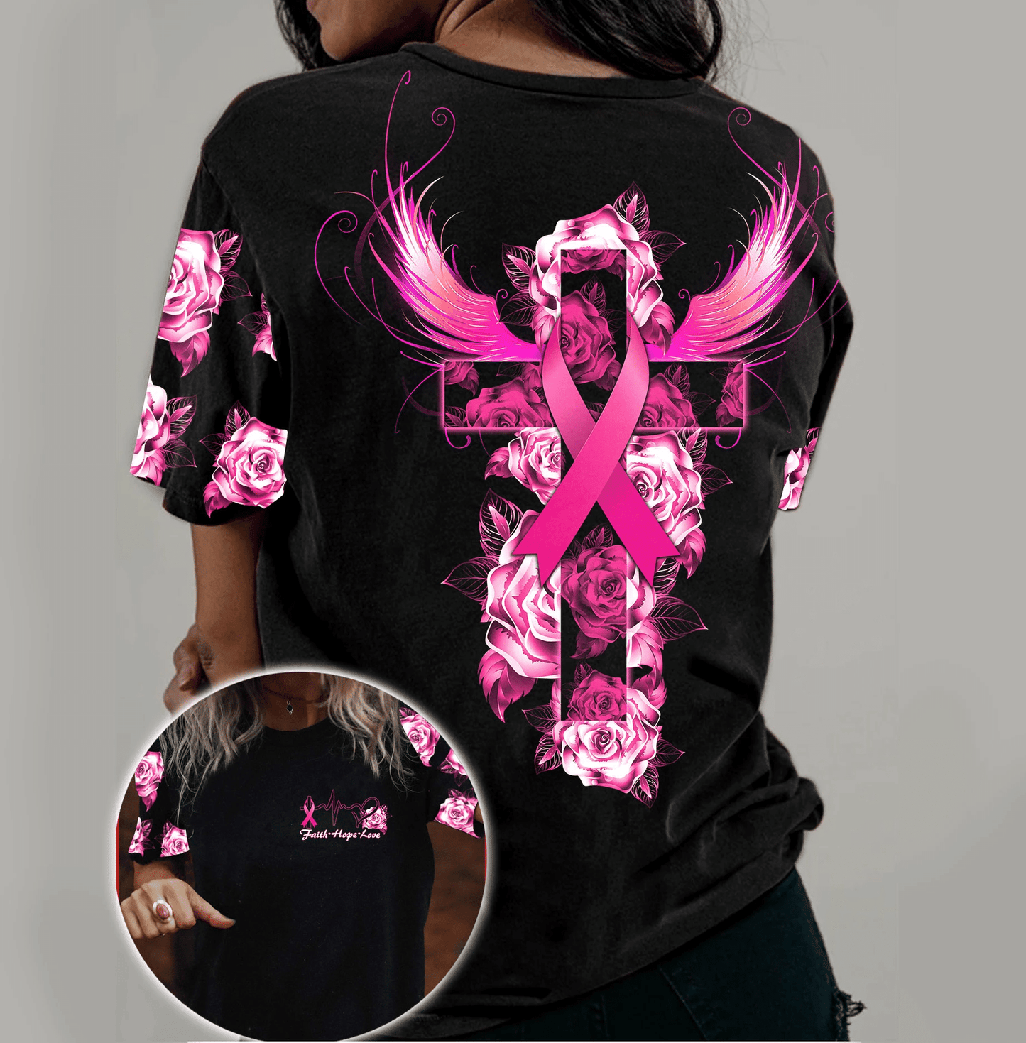 T-shirt et sweat à capuche « Rose, Croix, Ailes et Foi » pour la sensibilisation au cancer du sein (0822)