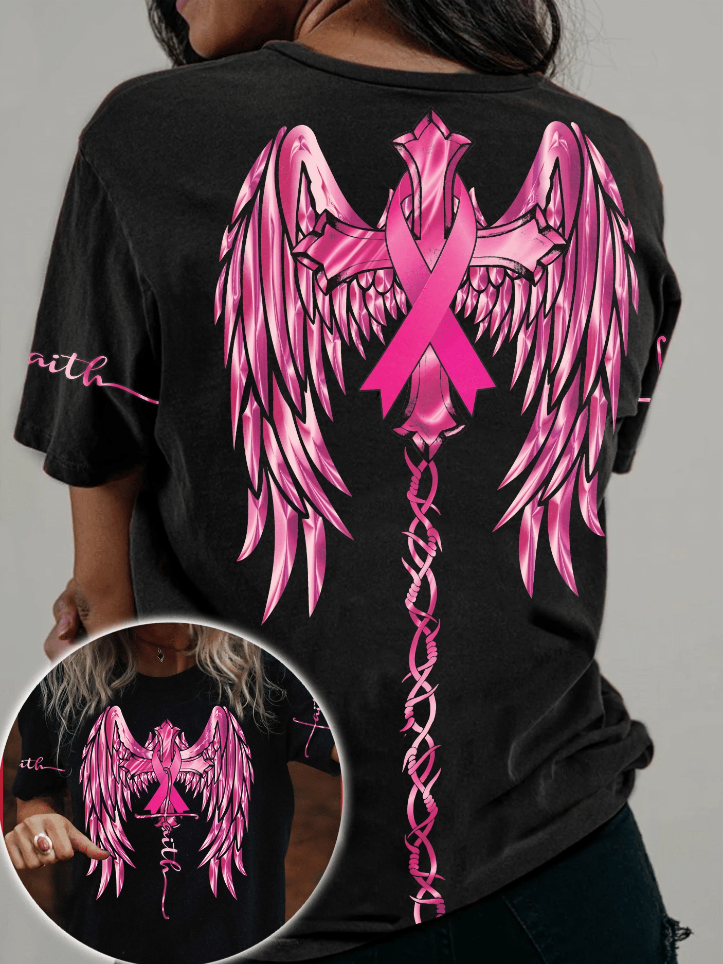 Faith Wings Cross Brustkrebs - T-Shirt und Hoodie zur Sensibilisierung für Brustkrebs 0822