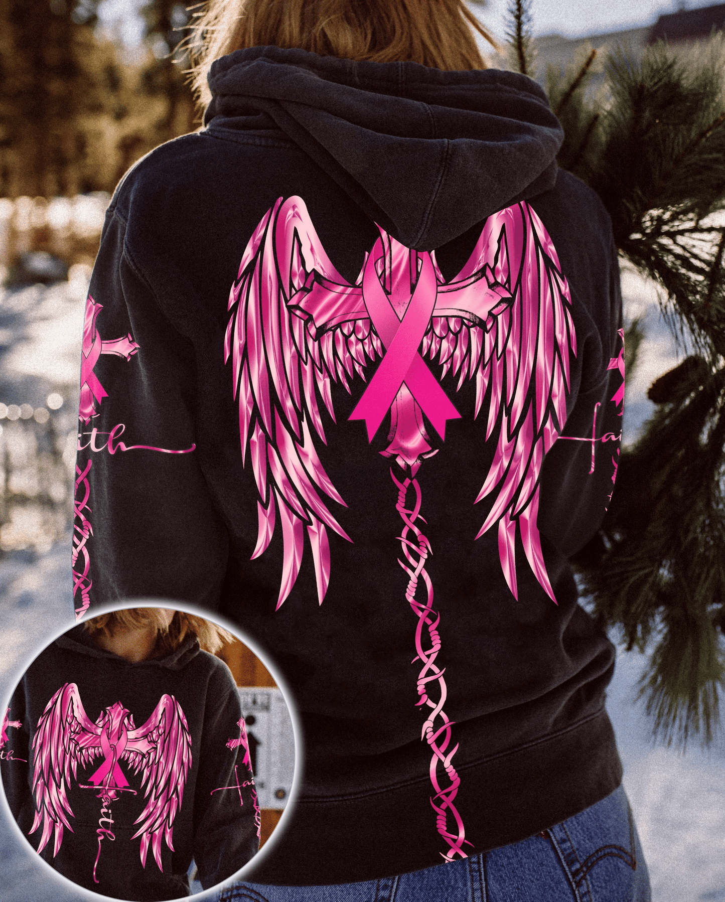Faith Wings Cross Brustkrebs - T-Shirt und Hoodie zur Sensibilisierung für Brustkrebs 0822