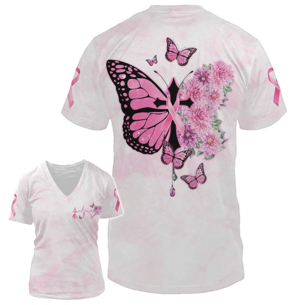 Schmetterlingskreuz, rosa Schleife – T-Shirt und Hoodie zur Sensibilisierung für Brustkrebs (0822)