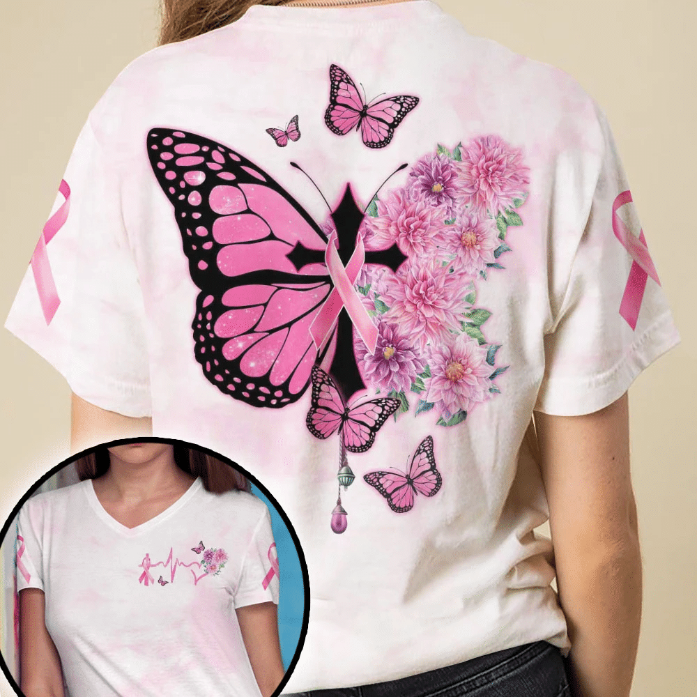 Schmetterlingskreuz, rosa Schleife – T-Shirt und Hoodie zur Sensibilisierung für Brustkrebs (0822)