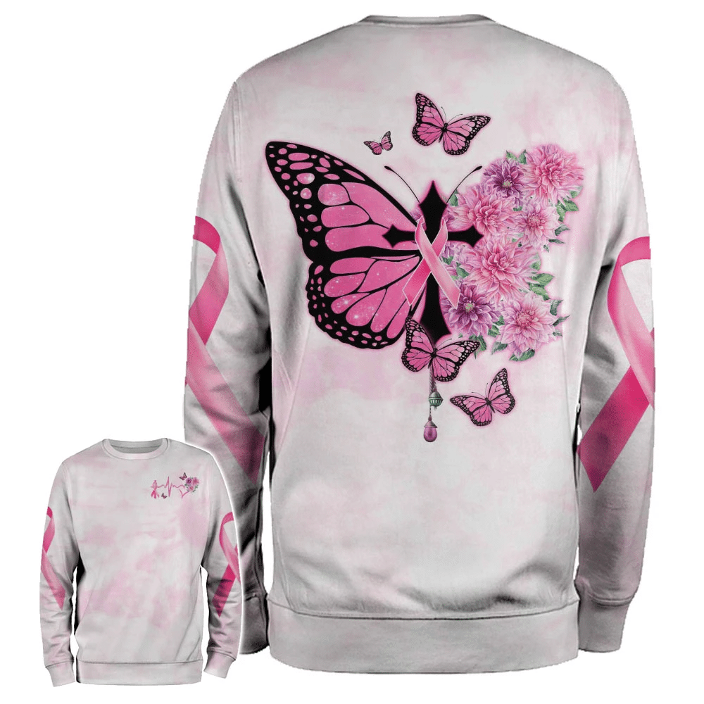 Schmetterlingskreuz, rosa Schleife – T-Shirt und Hoodie zur Sensibilisierung für Brustkrebs (0822)