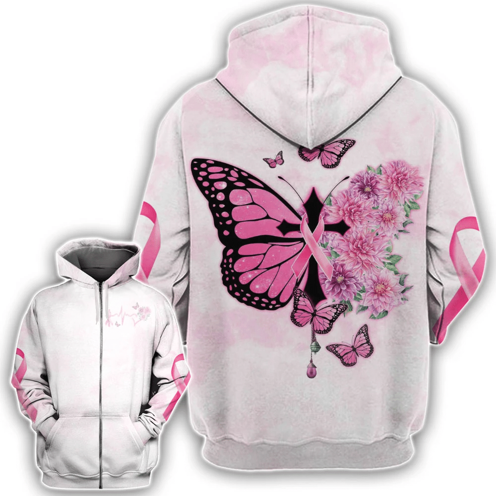 Schmetterlingskreuz, rosa Schleife – T-Shirt und Hoodie zur Sensibilisierung für Brustkrebs (0822)