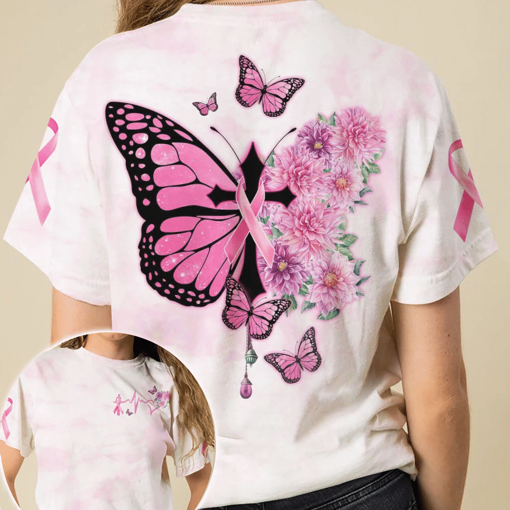 Schmetterlingskreuz, rosa Schleife – T-Shirt und Hoodie zur Sensibilisierung für Brustkrebs (0822)