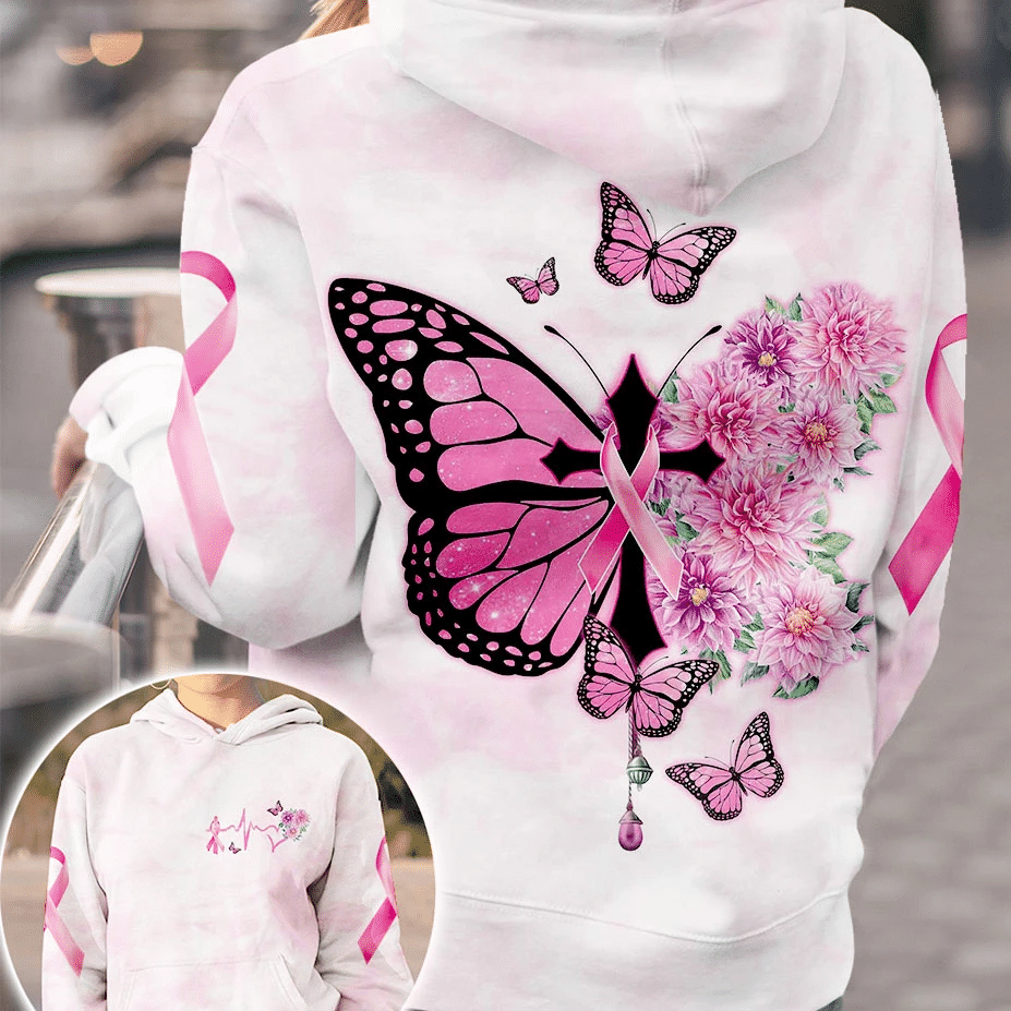 Schmetterlingskreuz, rosa Schleife – T-Shirt und Hoodie zur Sensibilisierung für Brustkrebs (0822)