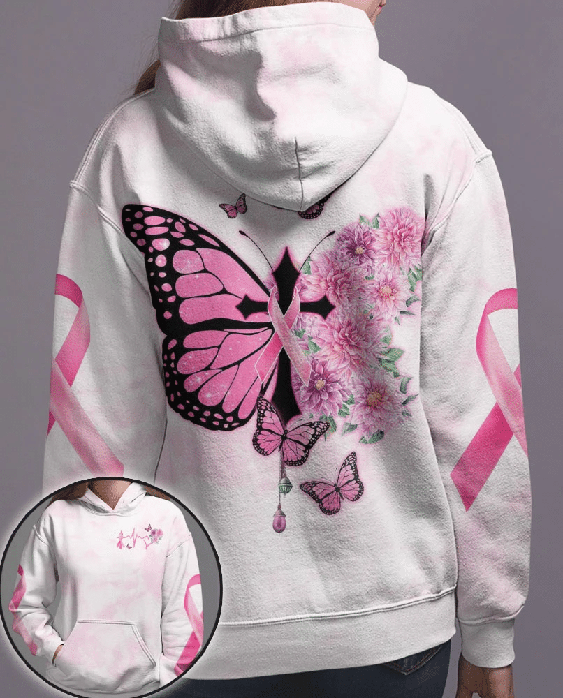 Schmetterlingskreuz, rosa Schleife – T-Shirt und Hoodie zur Sensibilisierung für Brustkrebs (0822)