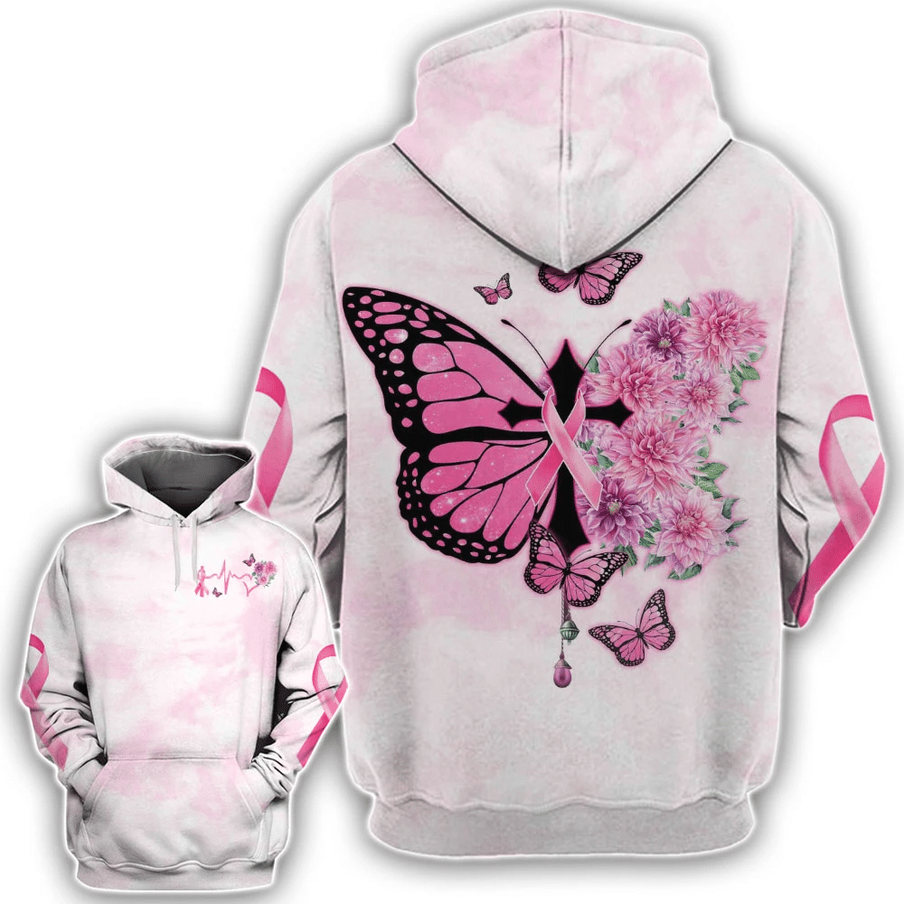 Schmetterlingskreuz, rosa Schleife – T-Shirt und Hoodie zur Sensibilisierung für Brustkrebs (0822)
