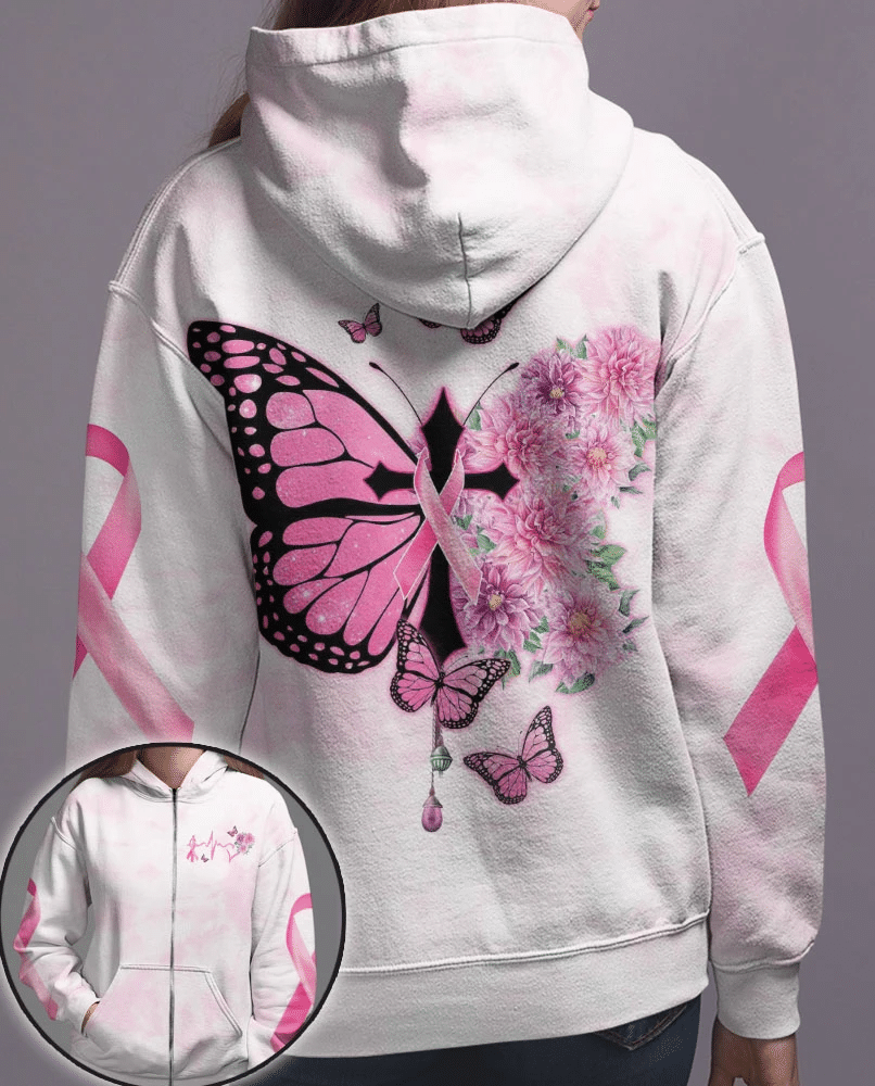 Schmetterlingskreuz, rosa Schleife – T-Shirt und Hoodie zur Sensibilisierung für Brustkrebs (0822)
